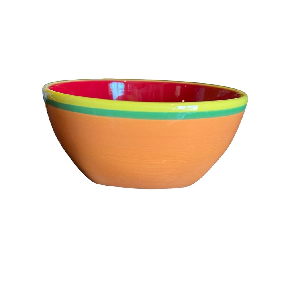 Dansk Caribe Aruba Orange Bowl Soup Cereal 6" Yellow Green Stripe Red Interior - Picture 2 of 4